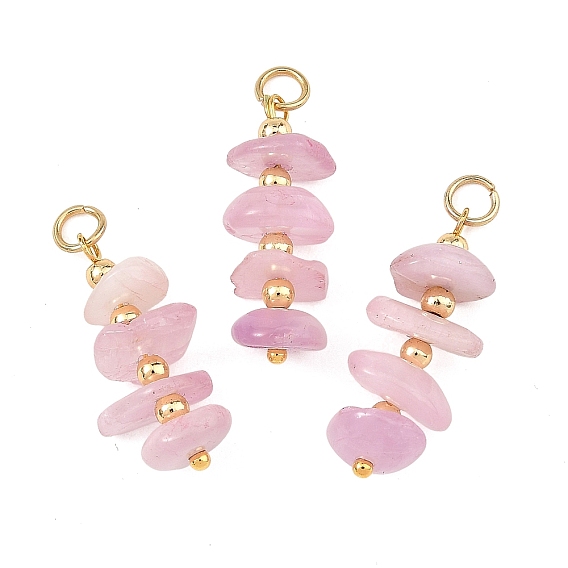 Natural Kunzite & Brass Pendants, Chip Beaded Charms with 304 Stainless Steel Open Jump Rings, Golden