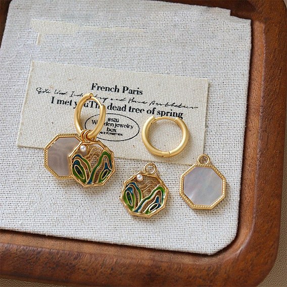 Brass Enamel Octagon with Mountain Hoop Earrings, Plastic Pearl & Natural Shell Dangle Earrings