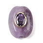 Natural Amethyst Beads, with Brass Micro Pave Cubic Zirconia, Flat Oval, Rack Plating, Long-Lasting Plated, Lead Free & Cadmium Free, Real 18K Gold Plated
