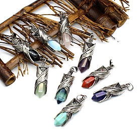 Gemstone Pointed Pendants, Faceted Bullet Charms with Antique Silver Plated Brass Wings