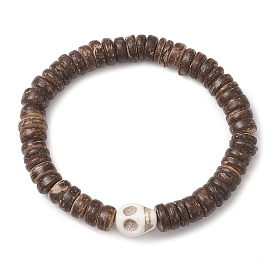 Coconut Disc Beaded Stretch Bracelets, Halloween Skull Synthetic Turquoise Bracelets for Women Men