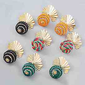Sparkling Rhinestone Ball with Gingko Leaf Dangle Stud Earrings, Golden Alloy Long Drop Earrings for Women