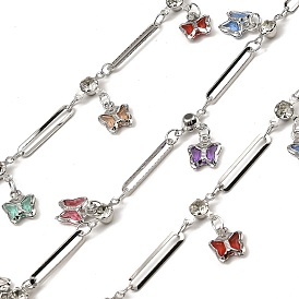 Rack Plating Brass Link Chains, with Butterfly Glass Charms, Long-Lasting Plated, Soldered, with Spool