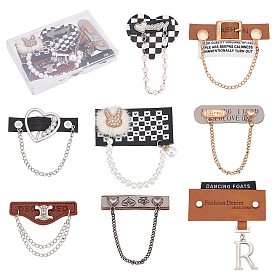 8Pcs 8 Style PU Leather Decoration Tags, with Handmade Alloy & Plastic Pearl Bead Chain, Mixed Shapes