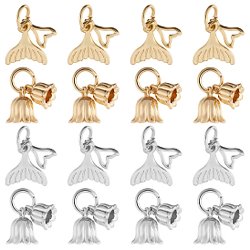 16шт 4 стили латунные подвески с покрытием стойки, долговечный, с целью перехода в кольце, подвески рыбий хвост и цветы