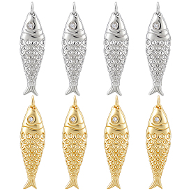 8Pcs 2 Colors Rack Plating Brass Micro Pave Clear Cubic Zirconia Pendants, Fish Charms, with Jump Ring, Cadmium Free & Lead Free
