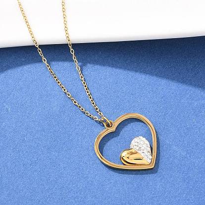 304 Женские ожерелья с подвеской в виде сердца из нержавеющей стали с полимерной глиной, кристаллами и стразами, ионное покрытие (ip)