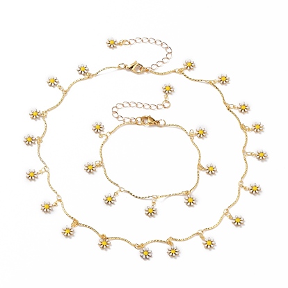 Daisy Charms Alloy Enamel Jewelry Sets, Curb Chains Necklaces & Bracelets,  with 304 Stainless Steel Lobster Claw Clasps and Chain Extender
