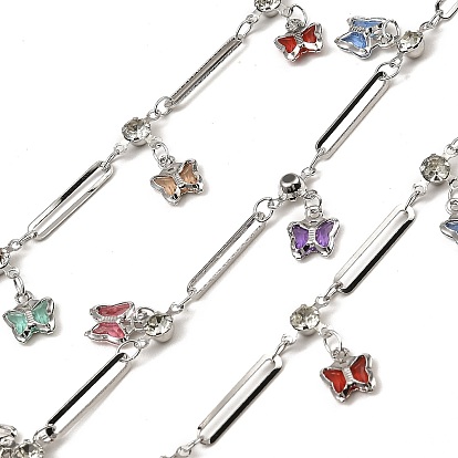 Rack Plating Brass Link Chains, with Butterfly Glass Charms, Long-Lasting Plated, Soldered, with Spool