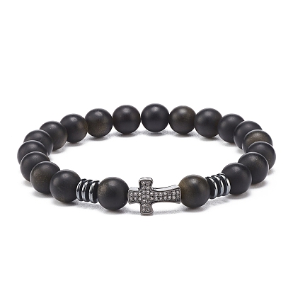 Natural Golden Sheen Obsidian Stretch Bracelet with Brass Cross Beaded, Religion Gemstone Jewelry for Women