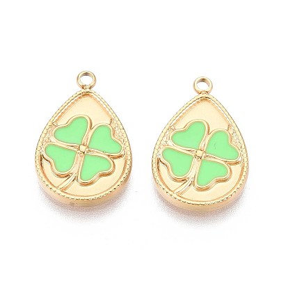 304 подвески из нержавеющей стали, с эмалью, слезинка с подвеской в виде клевера, реальный 18 k позолоченный, ионное покрытие (ip)