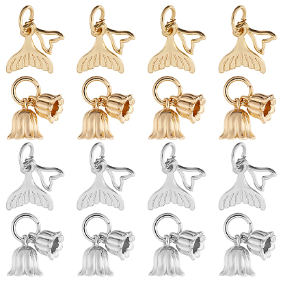 16шт 4 стили латунные подвески с покрытием стойки, долговечный, с целью перехода в кольце, подвески рыбий хвост и цветы