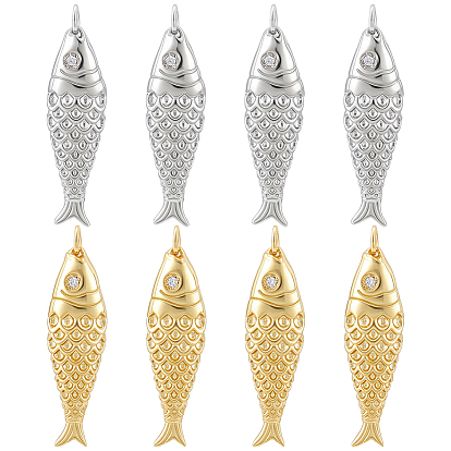 8Pcs 2 Colors Rack Plating Brass Micro Pave Clear Cubic Zirconia Pendants, Fish Charms, with Jump Ring, Cadmium Free & Lead Free