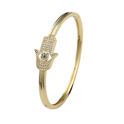 Cubic Zirconia Hamsa Hand Hinged Bangle, Real 18K Gold Plated Brass Jewelry for Women