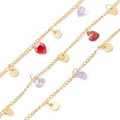 Handmade Cubic Zirconia Heart & Brass Flat Round Charms Chain, with Curb Chains, Real 18K Gold Plated, Lead Free & Cadmium Free, Soldered, with Spool