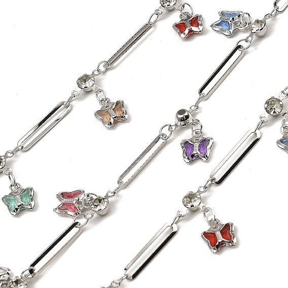 Rack Plating Brass Link Chains, with Butterfly Glass Charms, Long-Lasting Plated, Soldered, with Spool