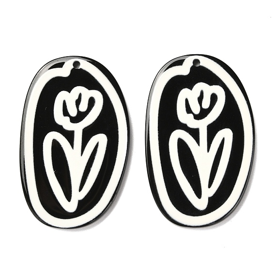 Opaque Acrylic Pendants, Black & White, Oval with Flower