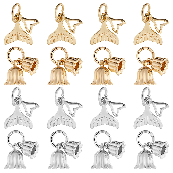 16шт 4 стили латунные подвески с покрытием стойки, долговечный, с целью перехода в кольце, подвески рыбий хвост и цветы