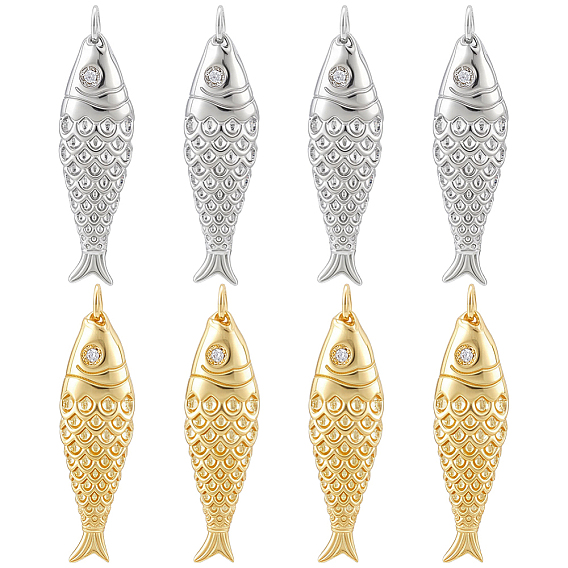 8Pcs 2 Colors Rack Plating Brass Micro Pave Clear Cubic Zirconia Pendants, Fish Charms, with Jump Ring, Cadmium Free & Lead Free