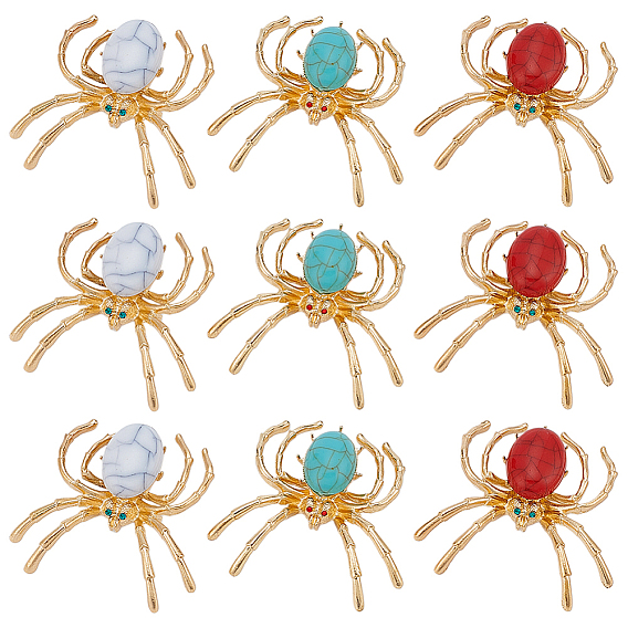 9шт 3 цвета цинковый сплав кабошоны, паук, с синтетическими бирюзовый, золотой свет