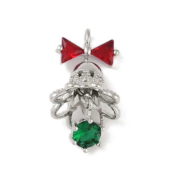 Рождественские тематические латунные подвески с микропаве и кубическим цирконием, без кадмия, без никеля и без свинца, рождественский колокольчик с бантом