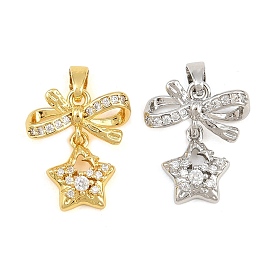 Brass Micro Pave Clear Cubic Zirconia Pendants, Bowknot with Star Charms