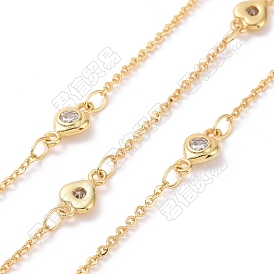 Clear Cubic Zirconia Heart Link Chains, with Brass Cable Chains, Unwelded, Cadmium Free & Nickel Free & Lead Free