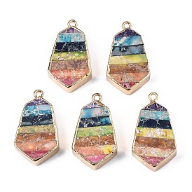 Rainbow Color Natural Imperial Jasper Pendants, with Golden Iron Loop and Edge, Dyed, Quadrangle