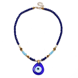 Teardrop with Evil Eye Lampwork Pendant Necklaces, with Glass Beads, Glass Pearl Beads, Brass Beads and Zinc Alloy Lobster Claw Clasps