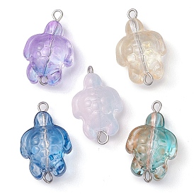 Transparent Glass Turtle Connector Charms, with Platinum Tone Iron Double Loops