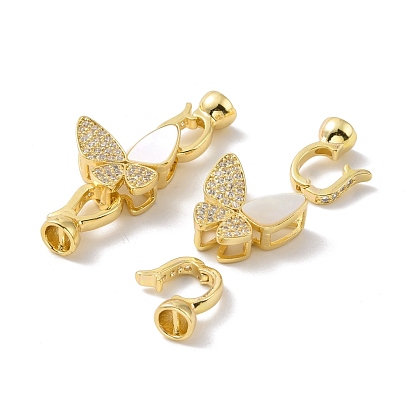 Brass Micro Pave Clear Cubic Zirconia Fold Over Clasps, with White Shell, Cadmium Free & Lead Free, Butterfly