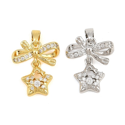 Brass Micro Pave Clear Cubic Zirconia Pendants, Bowknot with Star Charms