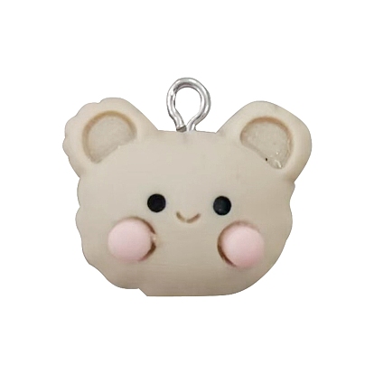 Opaque Resin Pendants, with Platinum Tone Iron Loops, Bear Head
