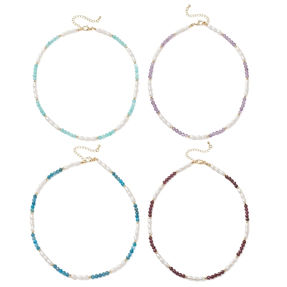 Ожерелья из граненых круглых бусин из натурального камня и рисового жемчуга для женщин, с латунными концевыми цепями, золотые