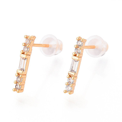 Прямоугольные серьги-гвоздики из латуни с микропаве из прозрачных кубических цирконий, долговечный, без никеля 