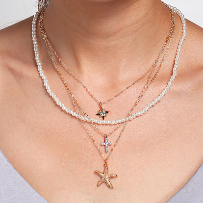 Colliers de perles d'imitation en plastique, colliers multicouches, Collier pendentif étoile croix strass en alliage pour femmes