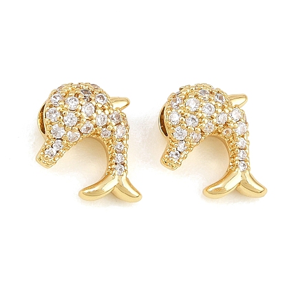 Micropave de latón transparente perlas de circonio cúbico, delfín, chapado en rack, larga duración plateado, sin plomo y el cadmio