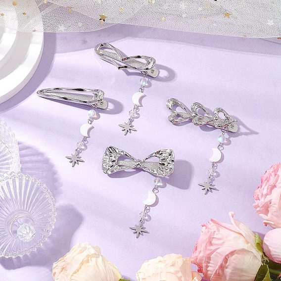 Сплав зажимами волос, с синтетическими бусинами из лунного камня, натуральные бусины из пресноводных ракушек и стеклянные бусины