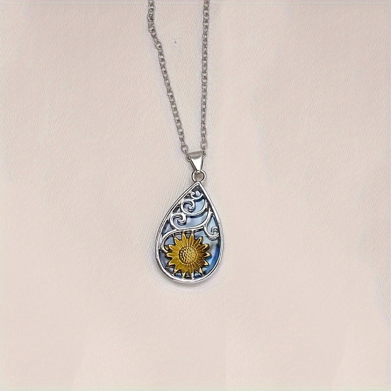 Сплав эмали кулон ожерелья, 304 ожерелья нержавеющей стали, слеза с рисунком подсолнуха