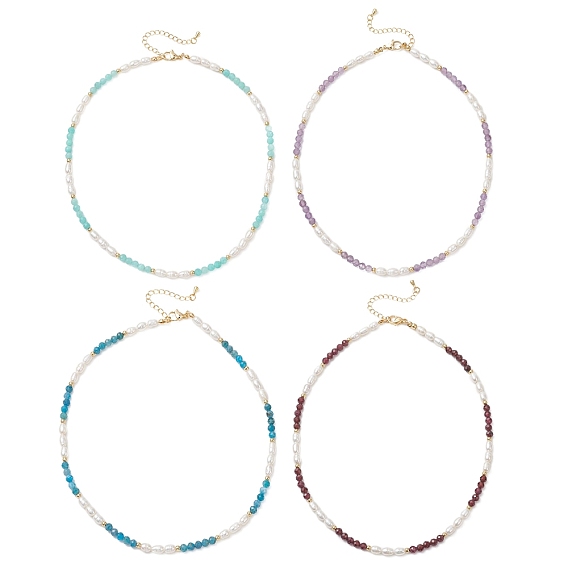 Ожерелья из граненых круглых бусин из натурального камня и рисового жемчуга для женщин, с латунными концевыми цепями, золотые