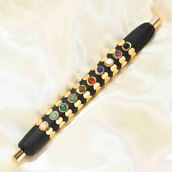 Кольца из натурального драгоценного камня, круглые 304 открытые манжетные кольца из нержавеющей стали, ионное покрытие (ip), реальный 18 k позолоченный