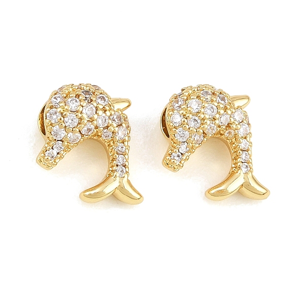 Brass Micro Pave Clear Cubic Zirconia Beads, Dolphin, Rack Plating, Long-Lasting Plated, Lead Free & Cadmium Free