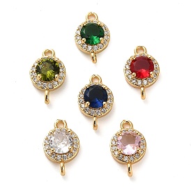 Brass Pave Cubic Zirconia Connector Charms, Flat Round Links, Real 18K Gold Plated