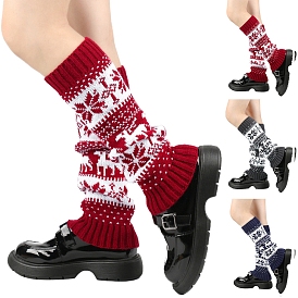 Acrylic Fiber Yarn Leg Warmers Socks, Christmas Theme Snowflake Deer Pattern Winter Warm Long Boots Leg Covers for Women