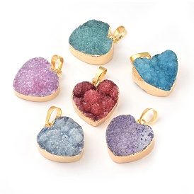 Electroplated Natural Dyed Druzy Quartz Pendants, with Brass Findings, Heart, Golden