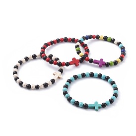 Natural Sandalwood Beads Stretch Bracelets, with Synthetic Turquoise(Dyed) Beads, Cross
