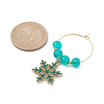 Snowflake Alloy Enamel Pendants Wine Glass Charms Sets, with Brass Hoop Earrings Findings and Glass Beads