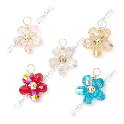Transparent Electroplate Glass Pendants, Flower Charm, with Light Golden Brass Copper Wire, Faceted