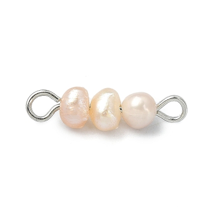 Natural Cultured Freshwater Pearl Connector Charms, Potato Links, with Stainless Steel Color Plated Brass Double Loops