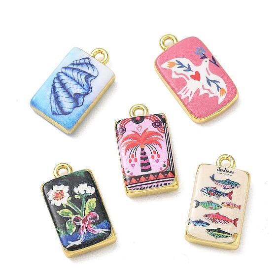 Printed Brass Pendants, Rectangle Charms, Cadmium Free & Lead Free, Golden